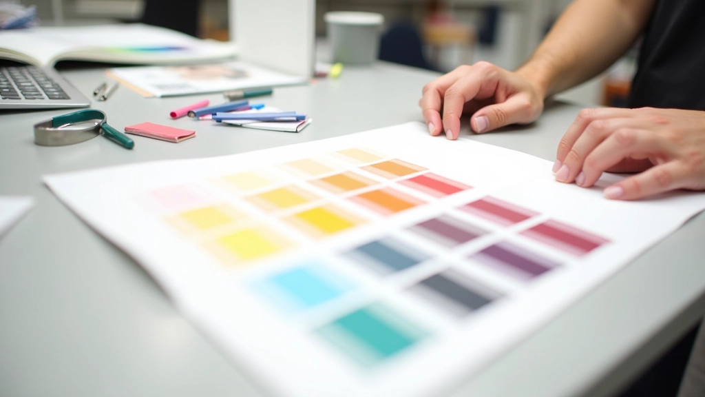 Kleurenpalet met verschillende contrastniveaus naast elkaar op werkblad met meting-instrumenten