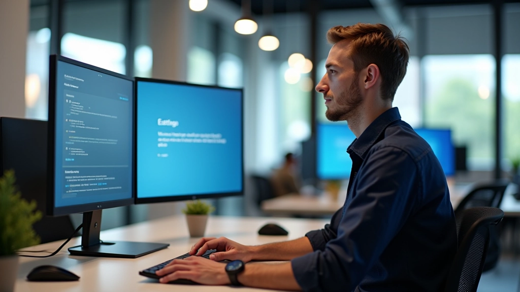 Developer zit aan bureau met monitor waarop testing-tools en rapport zichtbaar zijn