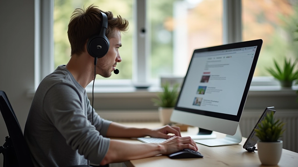 Schermlezer gebruiker navigeert website met toetsenbord en headset